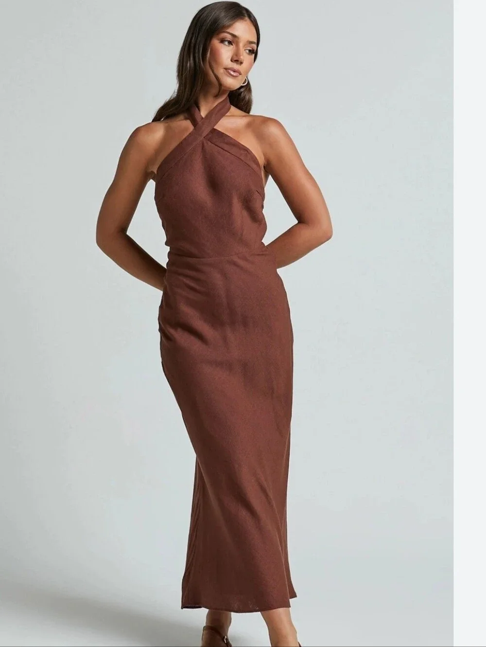 Maelynn Midi Dress - Linen Twist Halter Neck Low Back Slip Dress in Chocolate